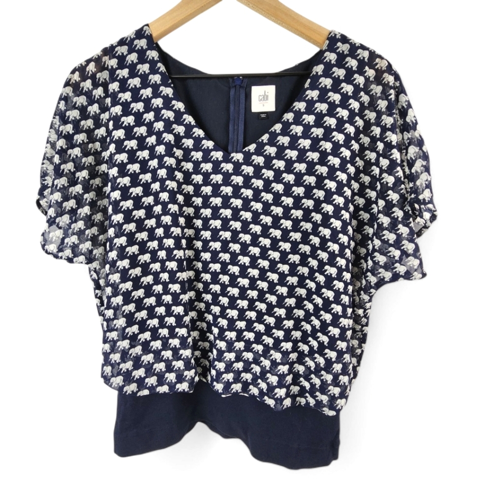 CAbi #5345 Women's Blue and White Elephant Parade Blouse Top Size S